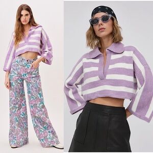 NWT LOVE LEMONS 90s Lavender Stripe V-Neck Oversized Soft Knit Cropped Sweater M